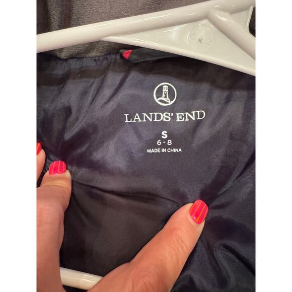 Lands' End Navy Pink Geometric Pattern Down Puffer Jacket Zipper Pockets Small - Picture 4 of 11